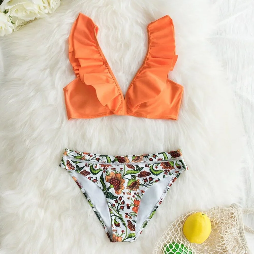 CUPSHE Orange Ruffle Bikini with Floral Bottom NEW WITH TAGS!